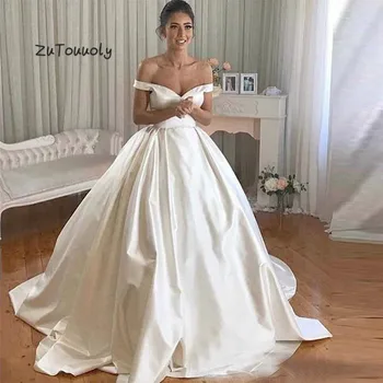 

Simple Ivory Ball Gown Satin Wedding Dress Off The Shoulder Plus Size Cheap Garden Wedding Gowns 2019 Custom Made abiti da sposa