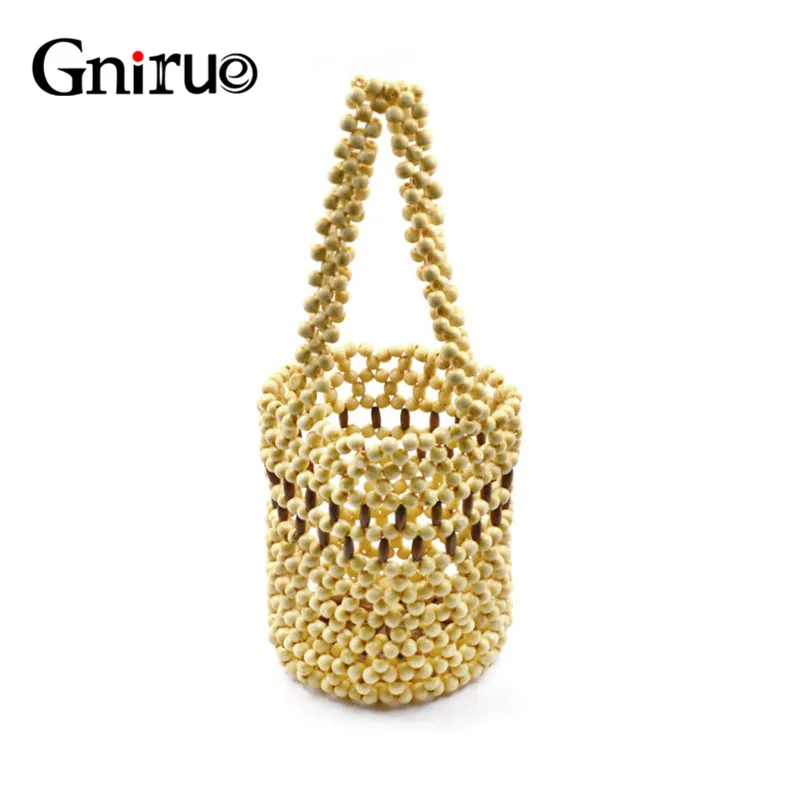 

New Fashion Women Handmade Bucket Woven Bamboo Handbags Wood Beaded Chains Shoulder Bag Summer Beach Bag Casual Clutch Purses C