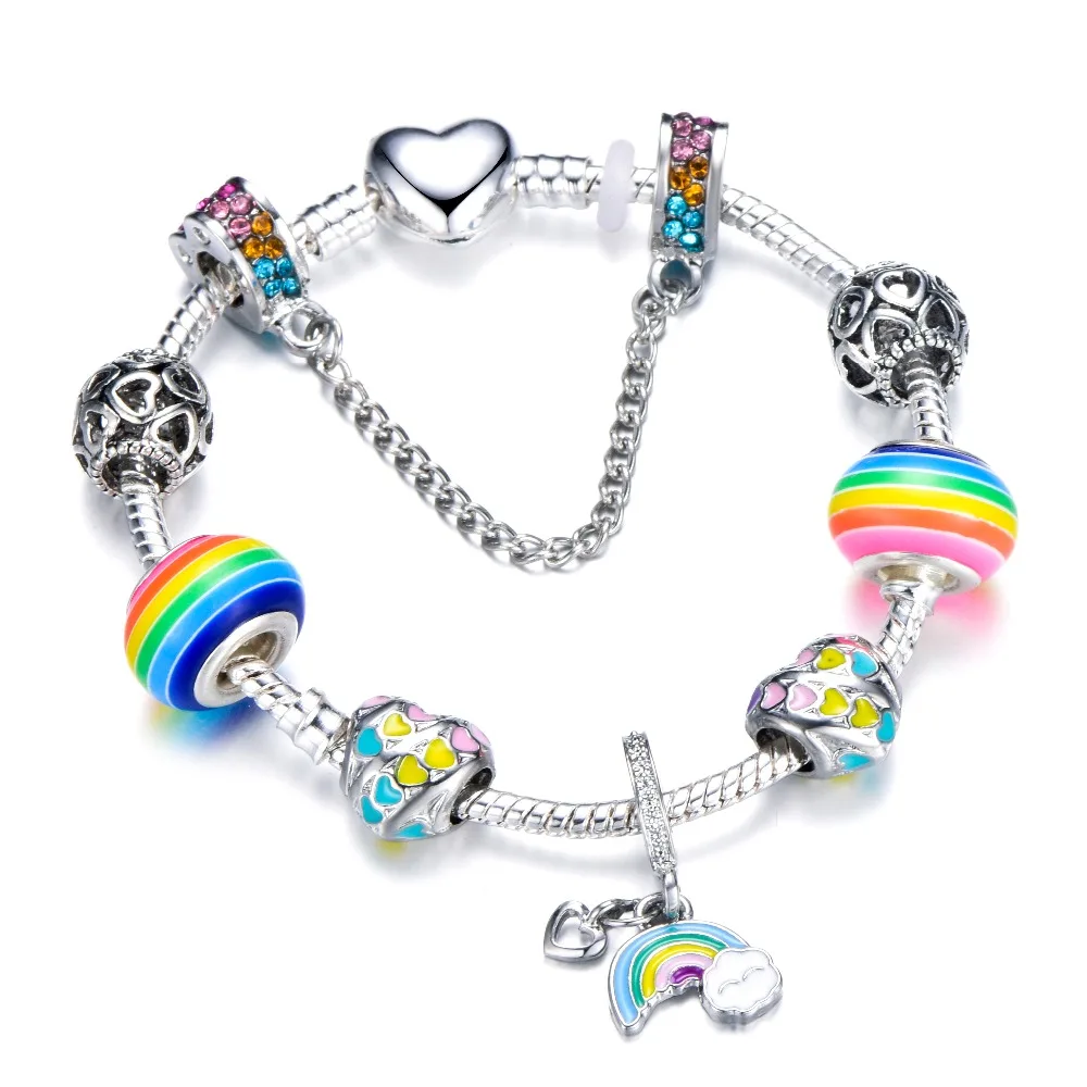 

Fashion Heart Shape Rainbow Beads Charm Bracelets For Girl Cute Rainbow Bridge Beads Brand Bracelet For Women Jewelry