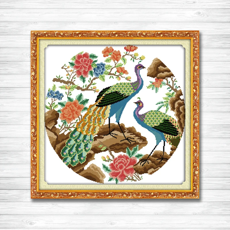 

Two peacocks birds flowers decor painting counted print on canvas DMC Sets 11CT 14CT DMS needlework embroidery Cross Stitch kits