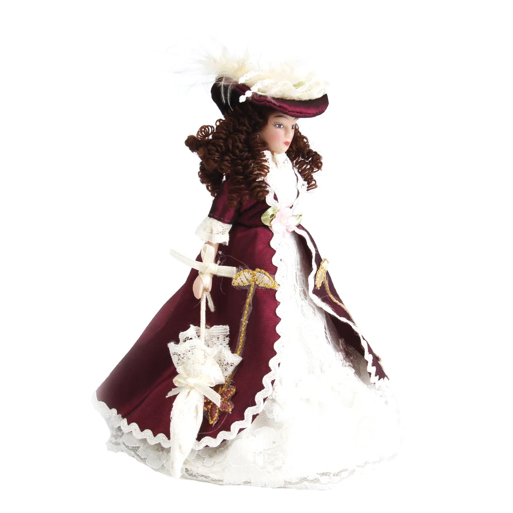 1/12 Dollhouse Miniature Porcelain Dolls Classical Lady Doll with Hat 
