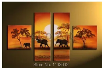 

Hand painted Spring Elephant Sunrise Tree Oil Painting on Canvas 4 Piece Modern Artwork Set Home Wall Art For Living Room Decor