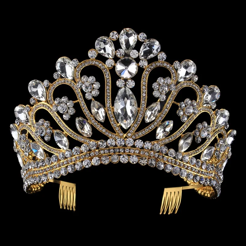 

Royal Bridal Wedding Crowns Tiaras Clear Rhinestone Crystal Hairband Hair Accessories Beauty Pageant Prom Crown With Combs