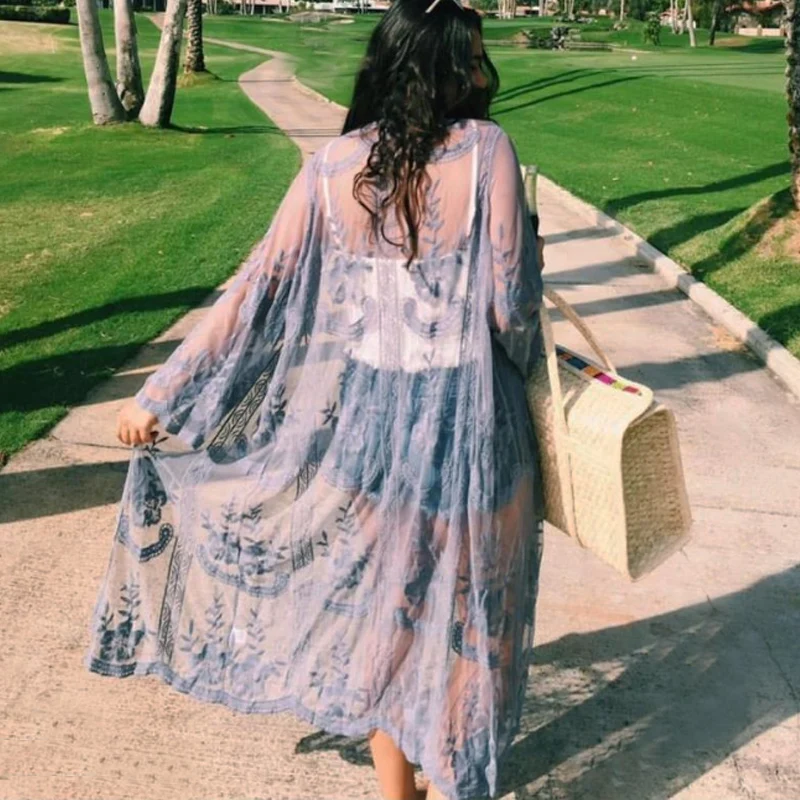 Spicylace Women High Quality Print Flower Lace Cardigan Long Sleeve Beach Open Kimono Cardigan Long Blouses Tops