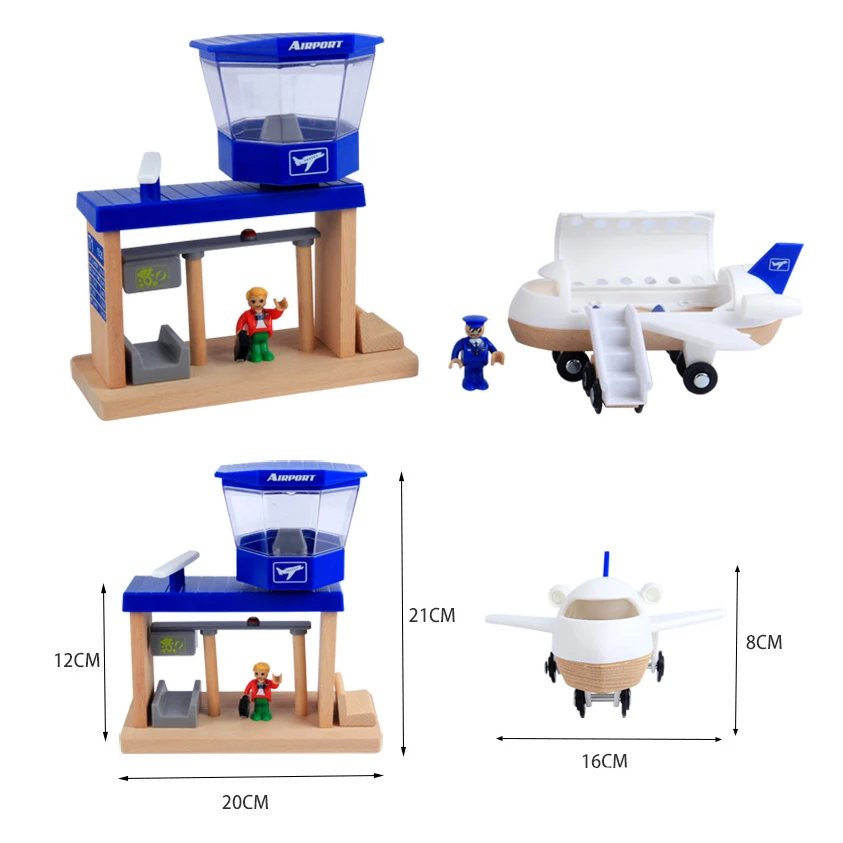 Подходит для деревянных трек-сцена, аксессуары, белый самолет с куклами, платформа аэропорта, совместимая с деревянными Брио треками