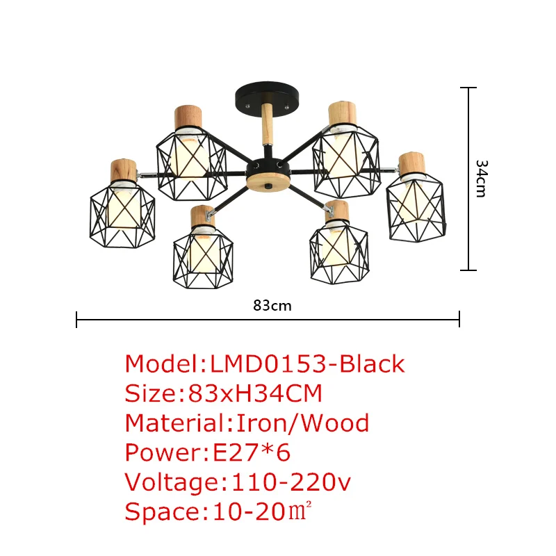 TRAZOS деревянные подвесные светильники для Железный Абажур для гостиной светодиодный E27 Освещение Люстры Para Sala промышленный светильник для дома - Цвет корпуса: Black 6 light