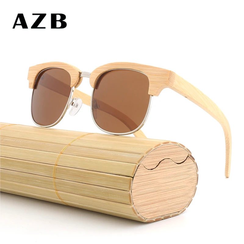 

AZB Woman polarized brown sunglasses wood bamboo oval sunglasses vintage retro Goggles oculos de sol feminino