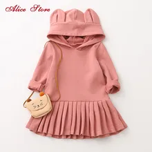 Алиса в году новое платье Новая Осенняя детская одежда флисовые плиссированные платья с длинными рукавами и кроличьими ушками для девочек