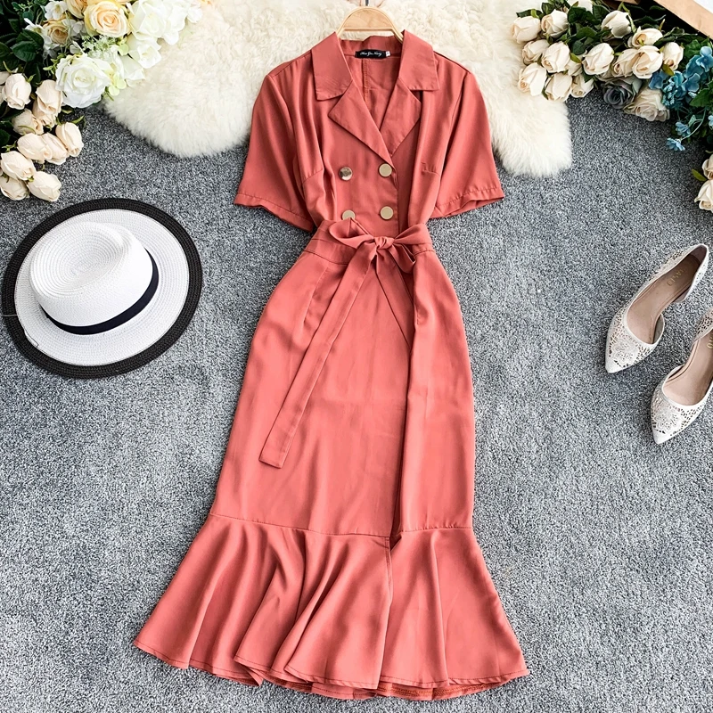 

TAOVK Women Ruffle Fishtail Dress Notched Collar Short Sleeve Double Breasted Belted Package Hip Dress