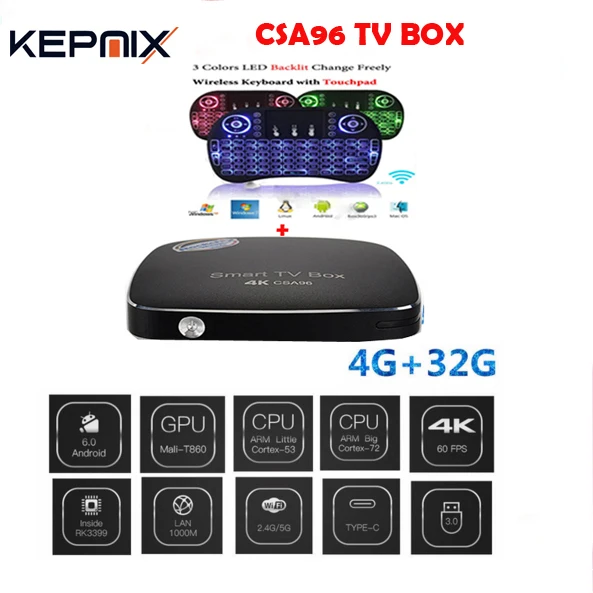 Rockchip RK3399 CSA96 Android 6.0 TV BOX 4G/32G Cortex-A72+Cortex-A53 64-bit Dual WIFI 2.4/5.0GHz Bluetooth 4.1 Set Top Box OTT Rockchip RK3399 CSA96 Android 6.0 TV BOX 4G/32G Cortex-A72+Cortex-A53 64-bit Dual WIFI 2.4/5.0GHz Bluetooth 4.1 Set Top Box OTT