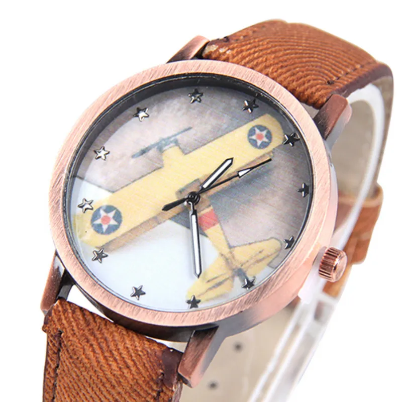 

Unisex Men Women Vintage Casual Airplane Denim Strap Quartz Analog Wrist Watch