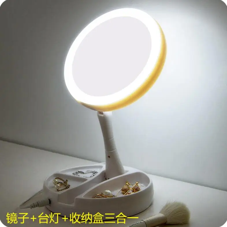 

Bedroom With Led Light Kawaii Makeup Mirror Folding Acrylic Small Decorative Mirror Desktop USB Plug-in Princess Round Mirror