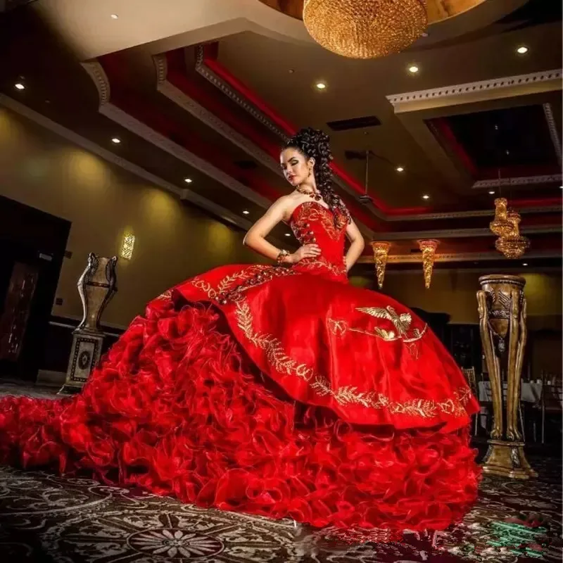 

BONJEAN Red Satin Embroidery Sweetheart Ball Gown Quinceanera Dresses 2019 Vestido De 15 Anos Luxury Chapel Tran Sweet 16 Dress