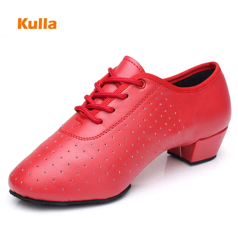 

Women Latin Dance Shoes With Square Heel Red/Black PU Adult Woman Teacher Ballroom Tango Practice Dancing Shoes Soft Sole Indoor