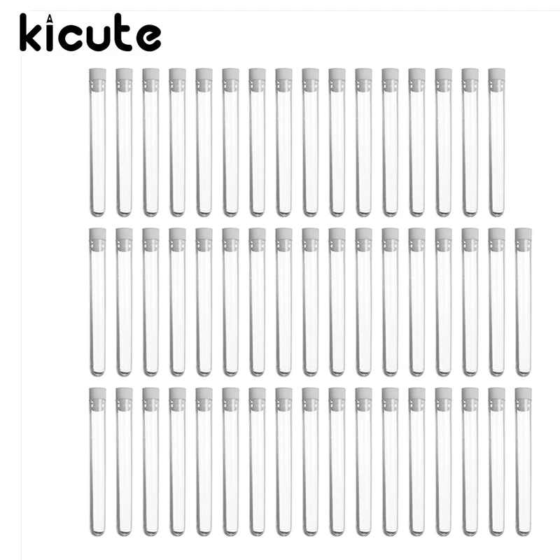Kicute 50 шт./упак. прозрачный лаборатория Ясно пластик тесты трубки флаконы + Push шапки школы лабораторные принадлежности 12x100 мм Свадебные любимые - изображение