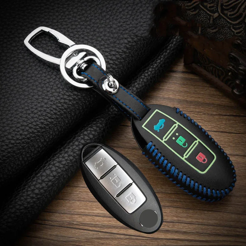 Hand sewing Luminous Top Layer Leather Car Key Case Cover For Nissan Tidda Livida X-Trail T31 T32 Qashqai March Juke Pathfinder key case key case cover