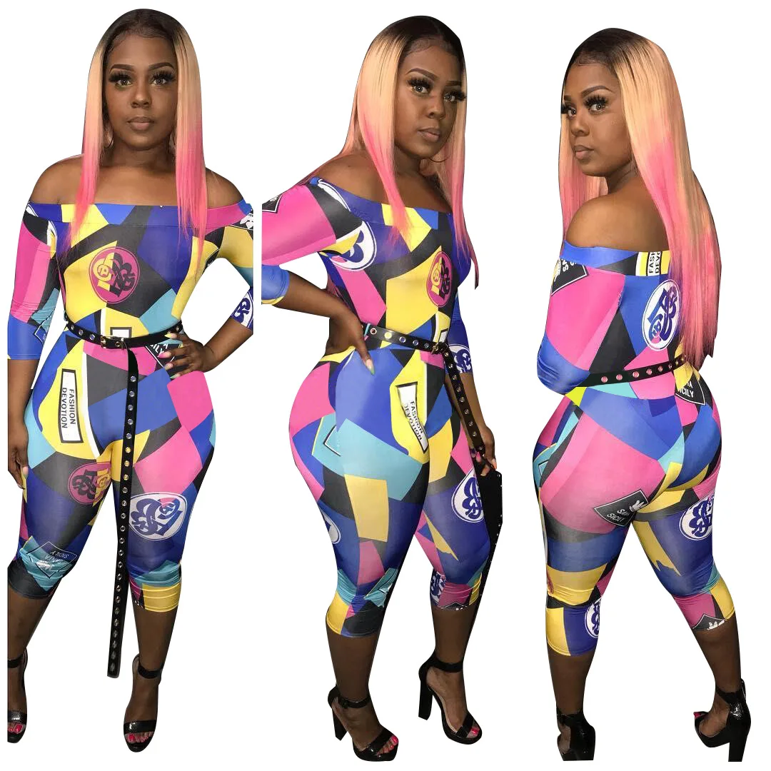 

Women New Off Shoulder Three Quarter Sleeve Plaid Printed Bodycon Skinny Mid-Calf Length Combination Party Club jumpsuit P8277
