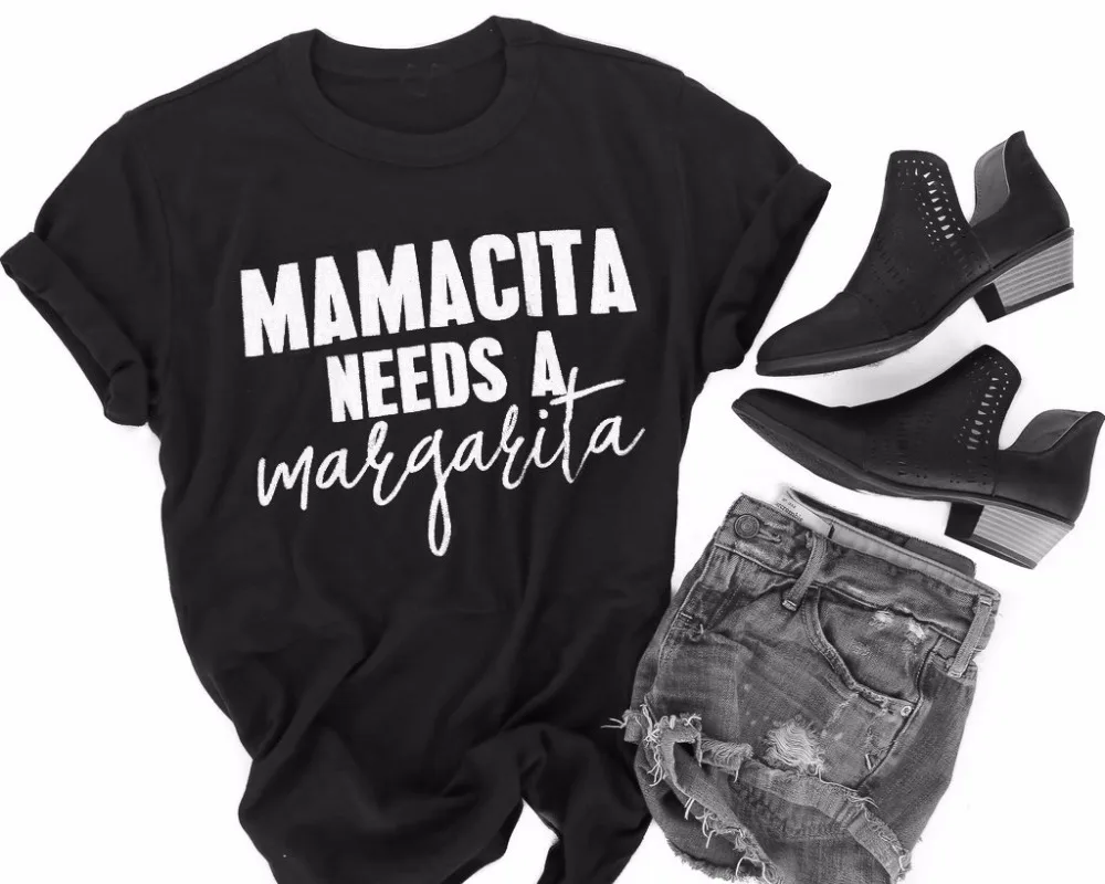 Женская футболка с графическим принтом MAMACITA Need A MARGARITA черная в летнем стиле