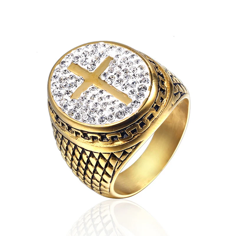 Men's Hip Hop Ring AAA+CZ Stone Bling Ice Out Gold Color Titanium Stainless Steel Cross Rings Hiphop Rapper Jewelry Size 8-14