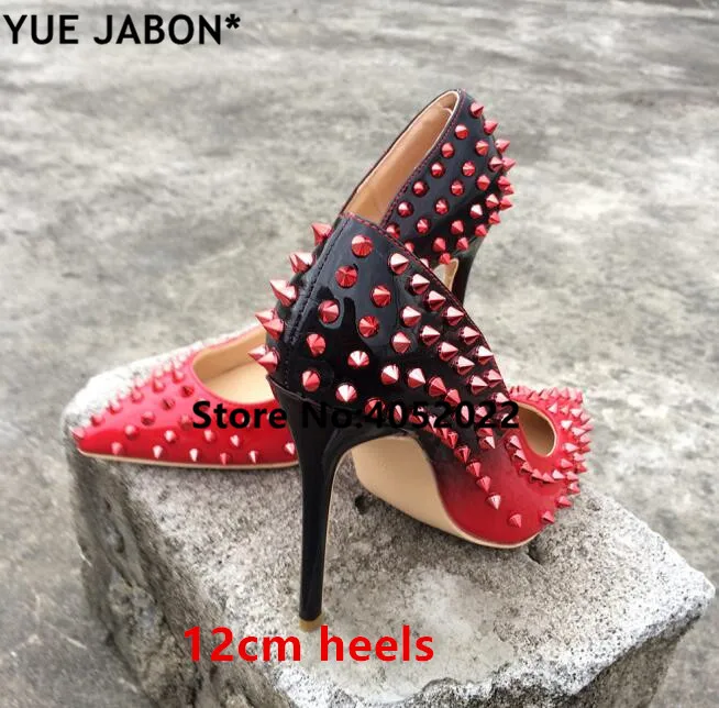 YUE JABON/новая обувь Туфли-лодочки на шпильке красного цвета из лакированной кожи женские туфли на тонком высоком каблуке с заклепками вечерние модельные туфли - Цвет: picture 3