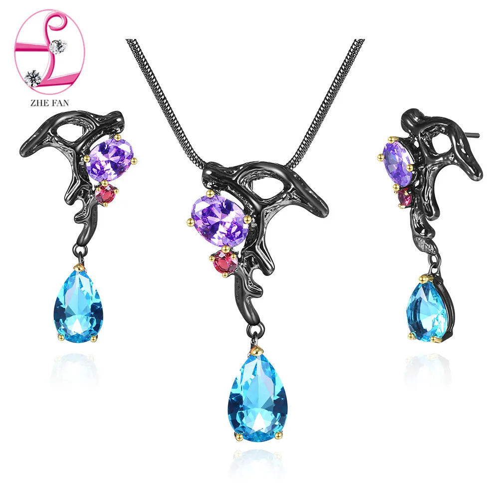 

ZHE FAN New Jewelry Sets Big Blue Water Drop AAA Cubic Zirconia Black Gun Plated Teardrop Necklace Earrings For Women Party Gift