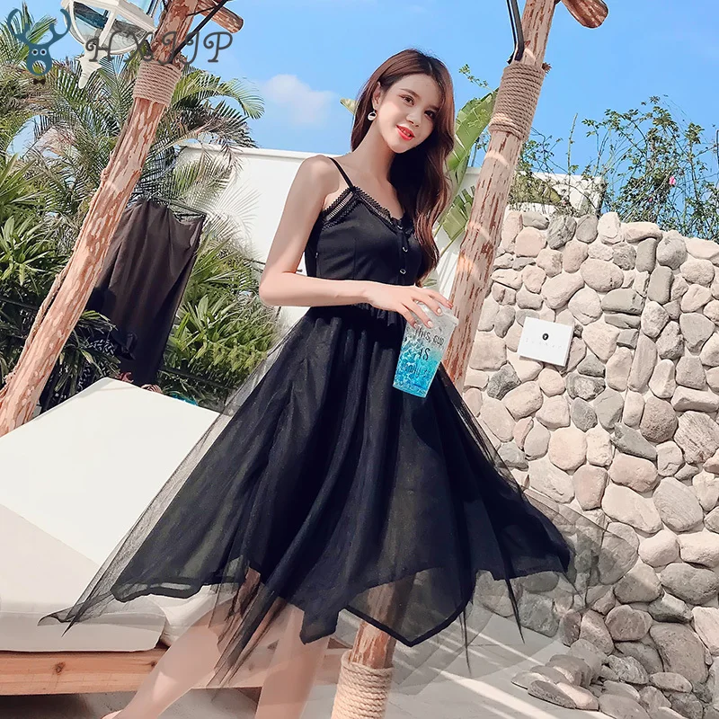 

HXJJP 2019 Spring and Summer Dress New Sexy Retro Long Black Halter Mesh Bottom Dress Sleeveless Strapless Women's Party Dress