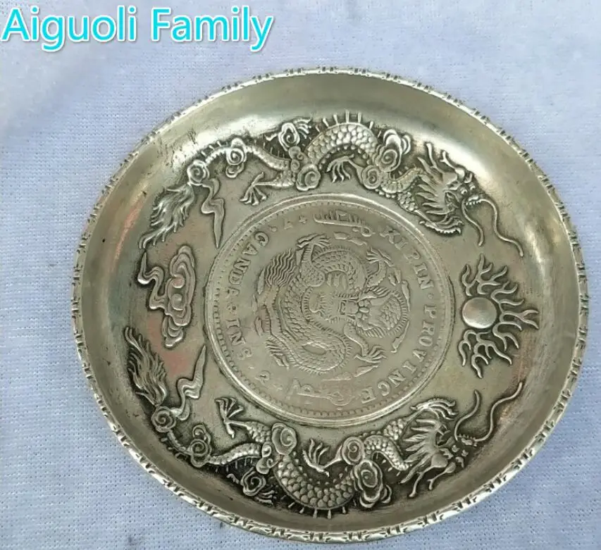 

Collectibles Chinese Qing Dynasty Old Silver Carved 2 Dragon Coin Plate,Diameter 8CM