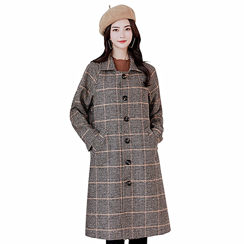 

2018 Autumn And Winter New Woolen Coat Female Temperament Lattice Lapel Straight Type Long Section Loose Fashion Woolen Coat