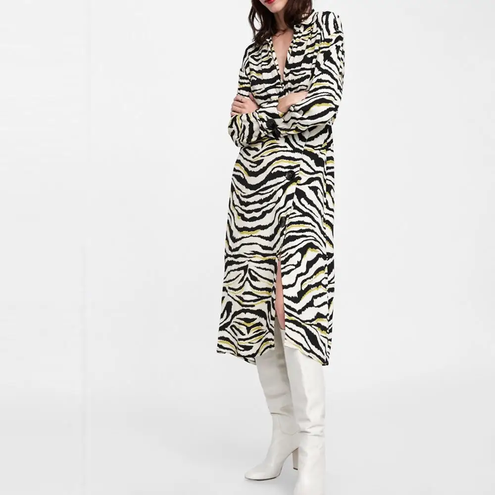 

Autumn zebra stripes dress women single breasted v neck turn down collar full sleeves slim waist Casual midi dresses vestidos