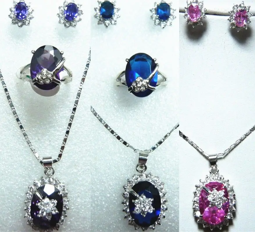 

ddh001362 3 color-fancy purple/pink/blue 18KGP flower zirconia pendant earring/ ring set can choose