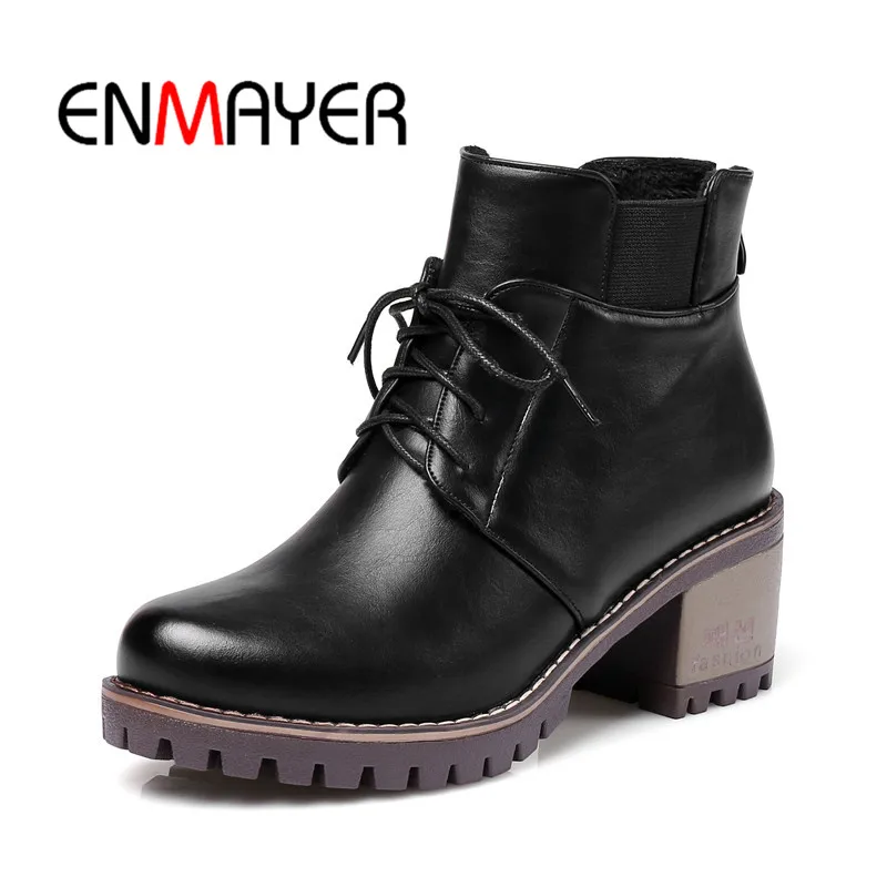 

ENMAYER 2018 New Arrival Square Heel High Quality Lace up Ladies Woman Black High Heel Fashion Boots Size Flock 34-43 WHY146