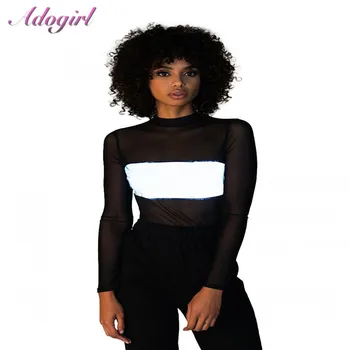 

Adogirl Black Sexy Transparent Panelled Mesh Bodysuit Woman Summer Long Sleever Round Neck Body Top Clothes Bodycon for Females