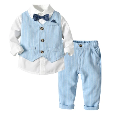 Костюмы для мальчиков; одежда блейзеры; костюмы для свадебной вечеринки; детский жилет в полоску; рубашка; брюки; детская верхняя одежда для мальчиков; комплект одежды - Цвет: Blue