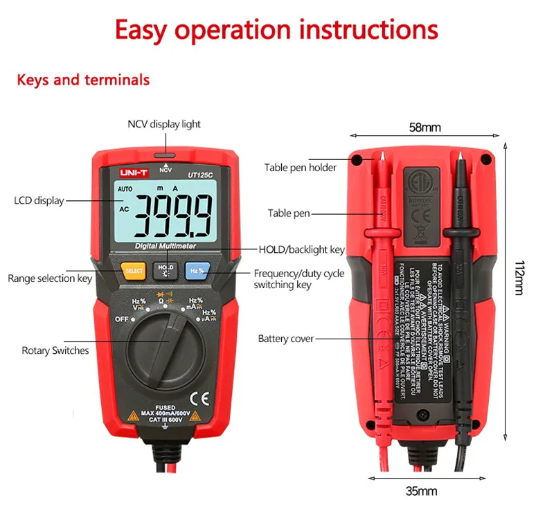 UNI-T UT125C карманный цифровой мультиметр, резистор/конденсатор/частота/рабочий цикл/вкл/выкл/диод тест, NCV тест
