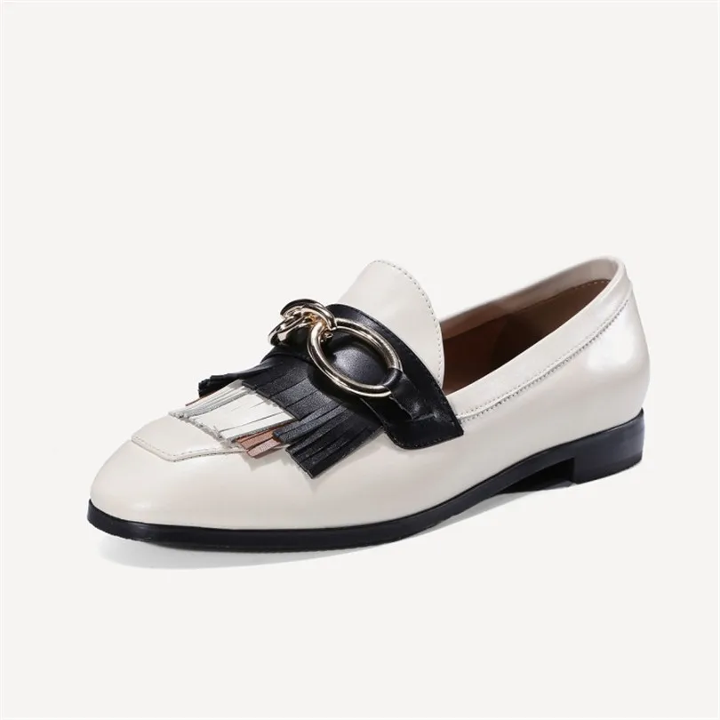 Talon Métal Véritable Femmes Décor En Concise Chaussures white Chaîne Zapatos Fringe Plat Mocassins Cuir Bout Occasionnels Black Tassel Rond Mujer BwCYx5Pq