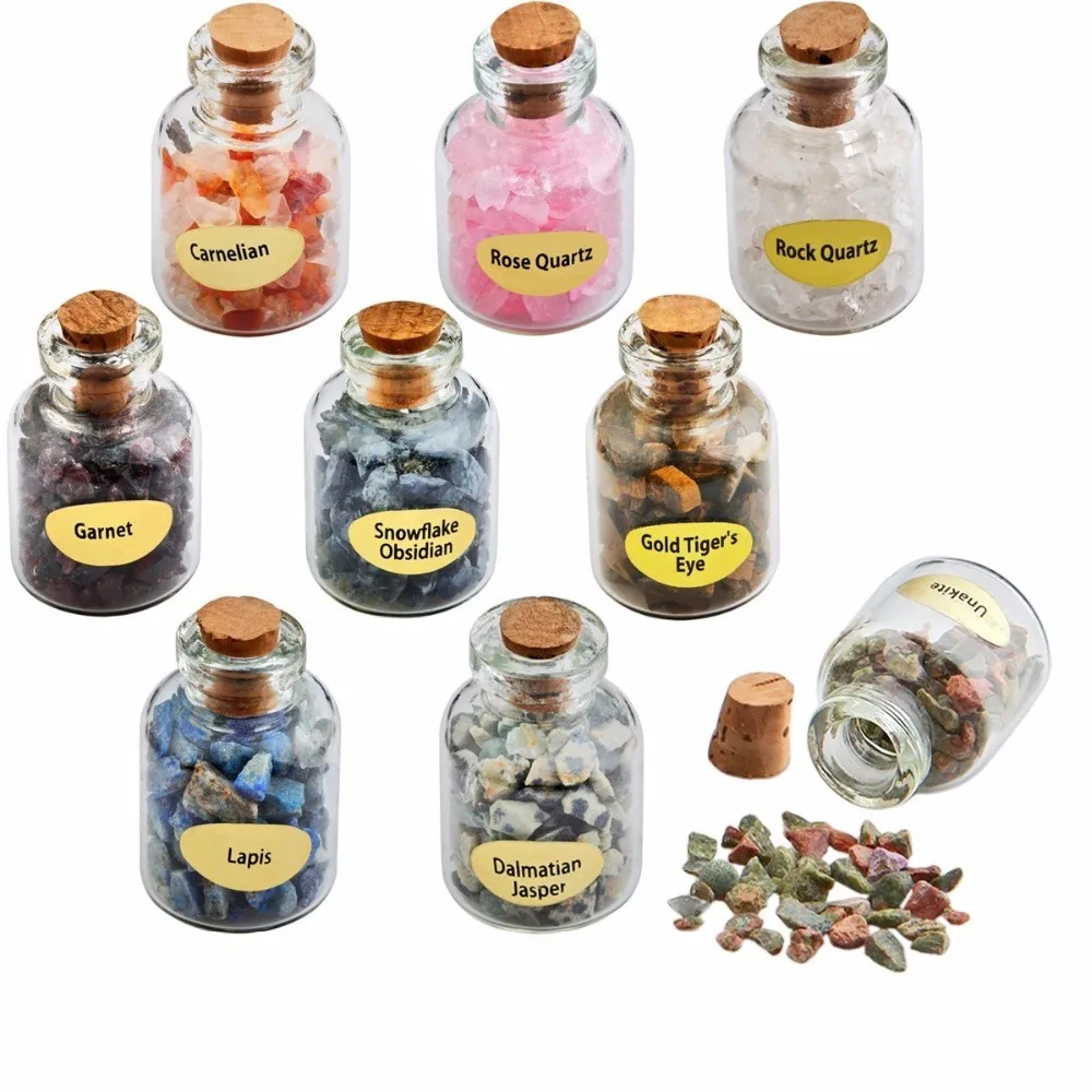 

SUNYIK 9 Mini Wish Bottles Chips Beads Loose Stone Healing Tumbled Reiki Wicca Chakra Crystal Set Home Decoration