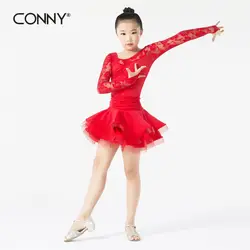 CONNY/детская юбка для латинских танцев, костюм для девочек, костюм для выступлений со стразами, тренировочная одежда, комбинезон, платье
