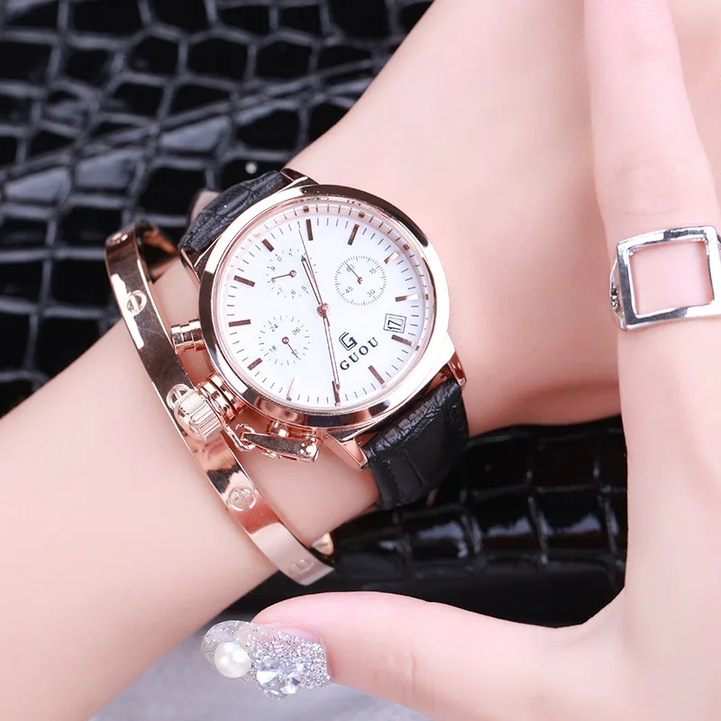 

Women Fashion Casual Leather Watch GUOU Luxury Brand Ladies Calendar Dress Watches Multi-function Quartz clock Relogio Feminino