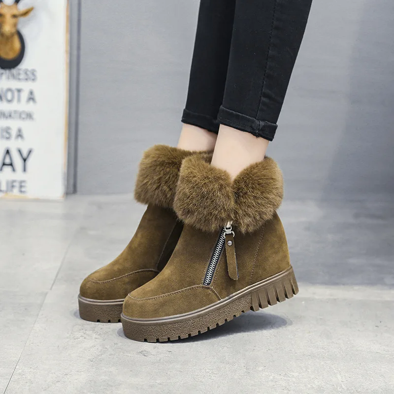 

nge Zipper Faux Fur Women Snow Boots Ankle Low Wedges Platform Boots PU Round Toe Fashion Solid Concise Winter Shoes for girls
