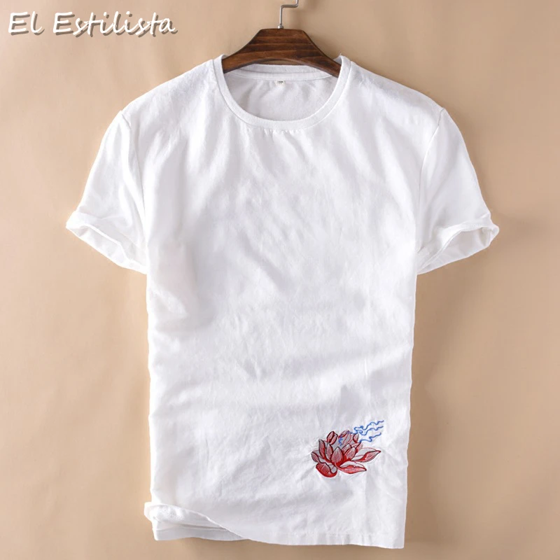 

Classic Men Casual Cartoon Linen Shirt Short Sleeve Comfortable Linen Embroidered Lotus Floral Round Collar Summer Sleeved Shirt