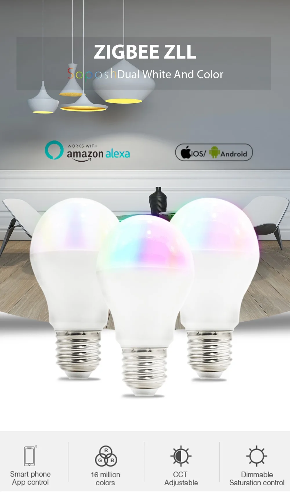 ZIGBEE AC100-240V 6 W светодиодная RGB Лампочка+ CCT двойной белый смартфон приложение Amazon Alexa голосового управления E27 лампа zigbee zll свет ссылка