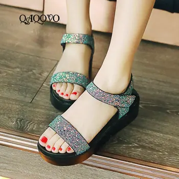 

2019 Simple Summer Sandals Women Platform Flat Heel Casual Shoes Velcro Thick Bottom Shoes Woman White Blue Pink