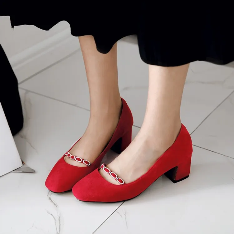 

Big Size 9 10 11 12 ladies high heels women shoes woman pumps Square-headed Metal Decorative Word-band Single Shoe