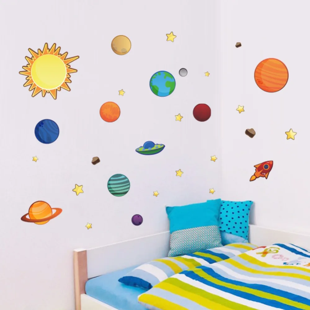 

cartoon space universe wall stickers decor kids room bedroom nursery stars wall decals diy art murals removable vinyl wallpaper