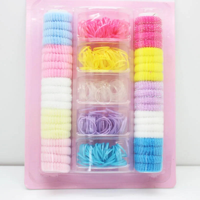 

40 pcs towel ring and 200 pcs one-off elastic hair bands solid and glitter ponytail holders for kids' hair accessories