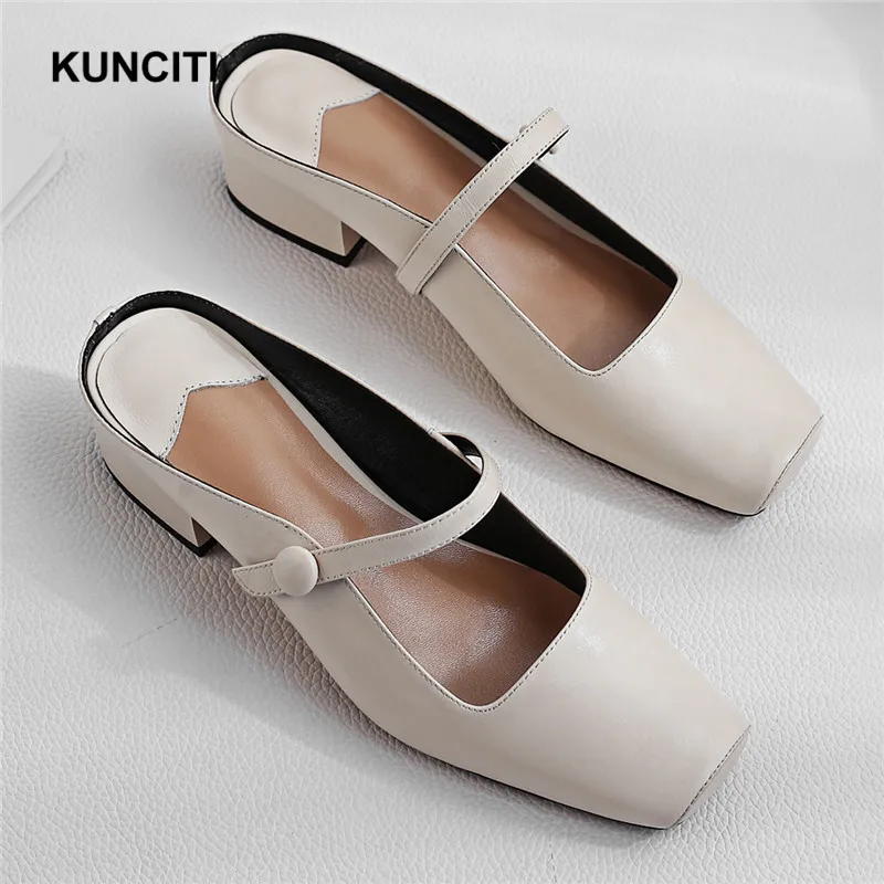 

2019 Genuine Leather Slipper Women Shoes Square Toe Ladies Med Heel Fashion Scuffs New Designer Summer Slides Top Quality T919