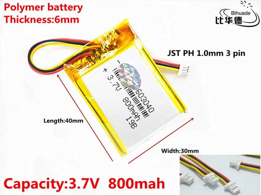 JST PH 1,0 мм 3 штифта литр энергии аккумулятора 3,7 V, 800 мАч 603040 полимерный литий-ионный/литий-ионный аккумулятор для планшетного компьютера банка, gps, mp3, mp4