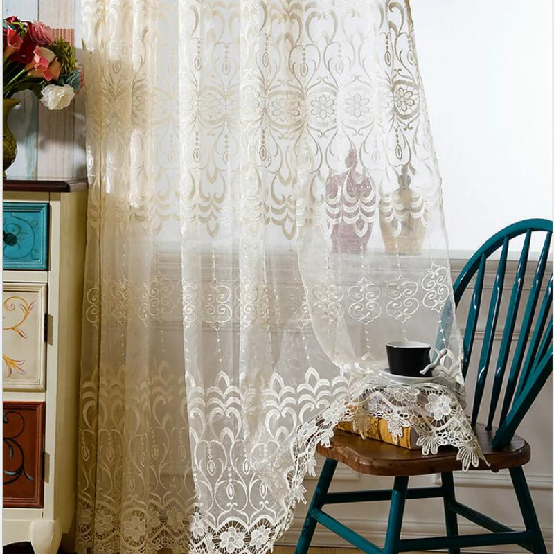 ستائر ديكور بيج لغرفة المعيشة تول مطرز أبيض كريمي أوروبي قابل للذوبان في الماء للمنزل Beige Curtains Decorative Blindsembroidery Tulle Aliexpress