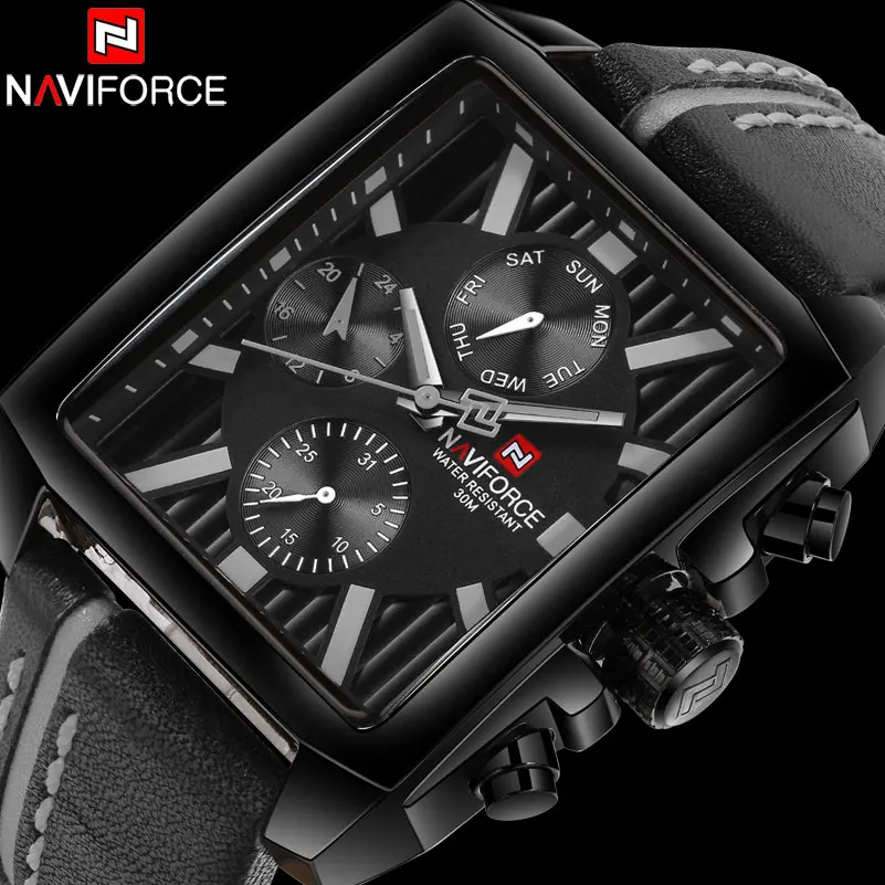 NAVIFORCE Роскошные Брендовые Часы мужские кварцевые часы из кожи спортивные