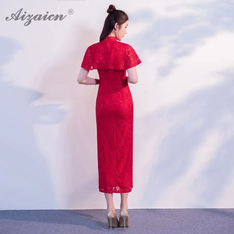 Весенняя Новая модная кружевная шаль Cheongsam современное длинное вечернее платье Qi Pao красное китайское традиционное платье Qipao вечерние
